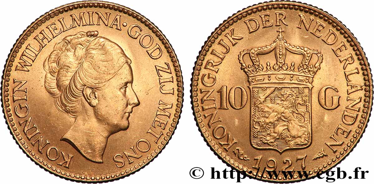 GOLD, PALLADIUM & PLATINUM INVESTMENT 10 Gulden Wilhelmina, 4e type 1927 Utrecht AU 