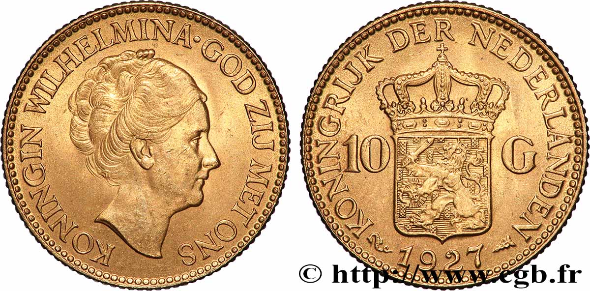 GOLD, PALLADIUM & PLATINUM INVESTMENT 10 Gulden Wilhelmina, 4e type 1927 Utrecht AU 