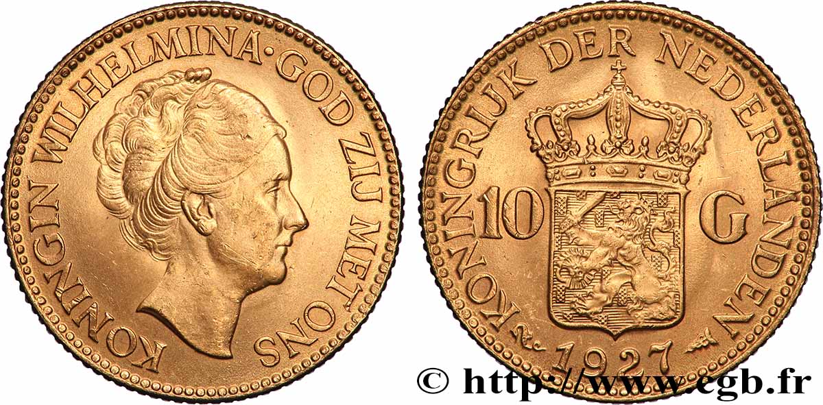 GOLD, PALLADIUM & PLATINUM INVESTMENT 10 Gulden Wilhelmina, 4e type 1927 Utrecht AU 