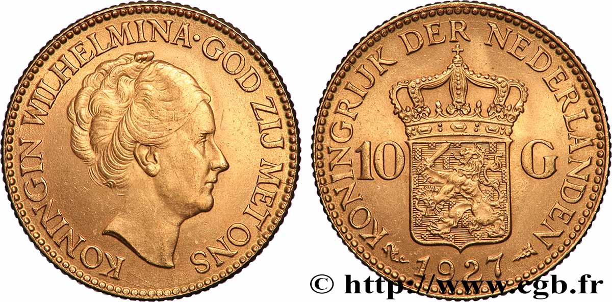 GOLD, PALLADIUM & PLATINUM INVESTMENT 10 Gulden Wilhelmina, 4e type 1927 Utrecht AU 