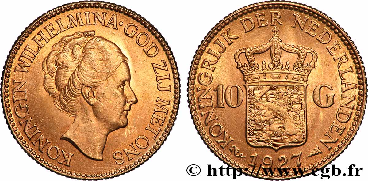 GOLD, PALLADIUM & PLATINUM INVESTMENT 10 Gulden Wilhelmina, 4e type 1927 Utrecht AU 