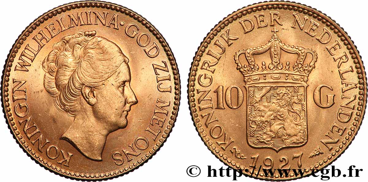 GOLD, PALLADIUM & PLATINUM INVESTMENT 10 Gulden Wilhelmina, 4e type 1927 Utrecht AU 