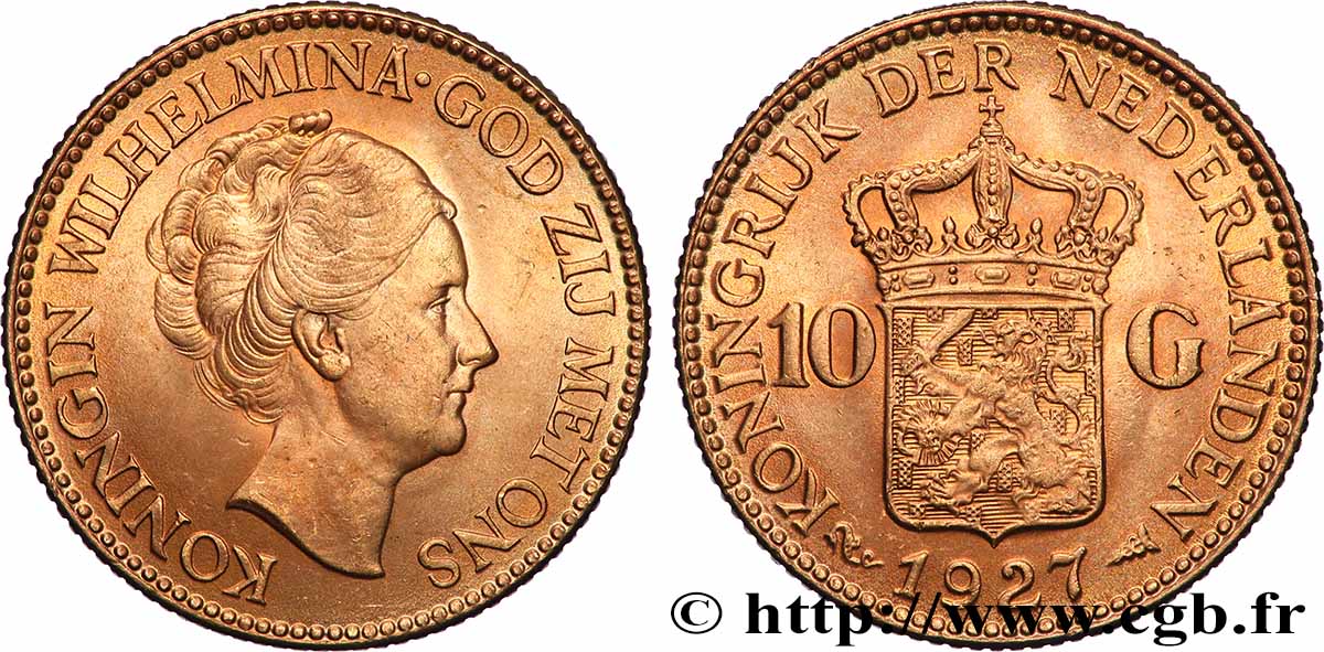 GOLD, PALLADIUM & PLATINUM INVESTMENT 10 Gulden Wilhelmina, 4e type 1927 Utrecht AU 