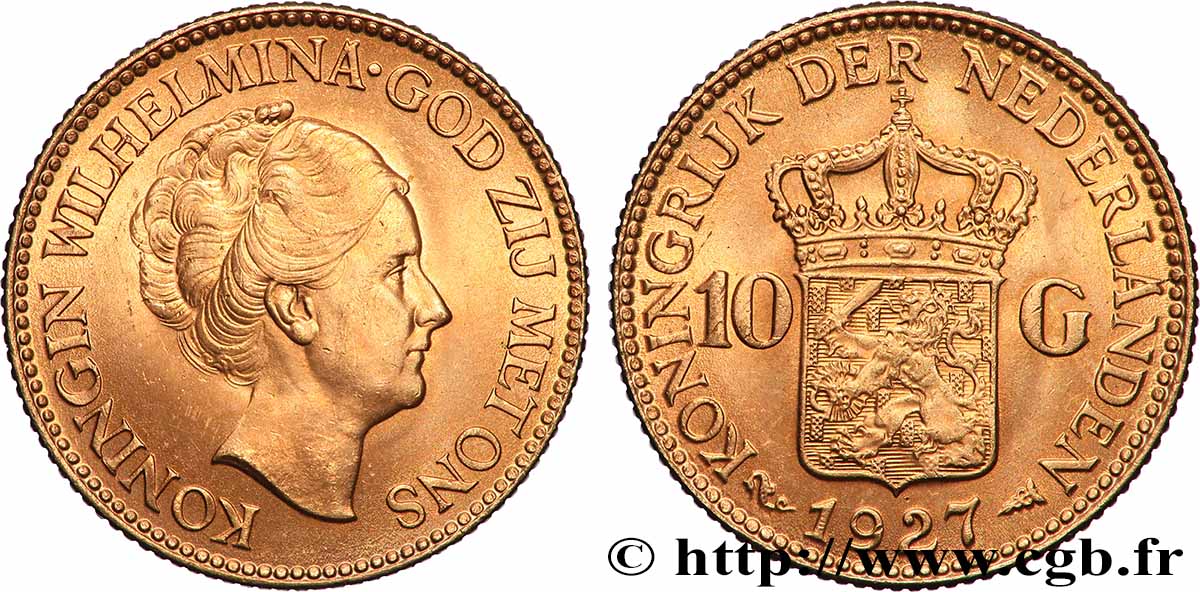 GOLD, PALLADIUM & PLATINUM INVESTMENT 10 Gulden Wilhelmina, 4e type 1927 Utrecht AU 