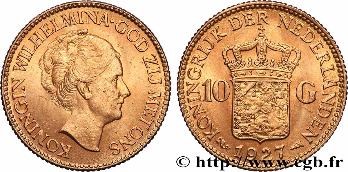 GOLD, PALLADIUM & PLATINUM INVESTMENT 10 Gulden Wilhelmina, 4e type 1927 Utrecht AU 