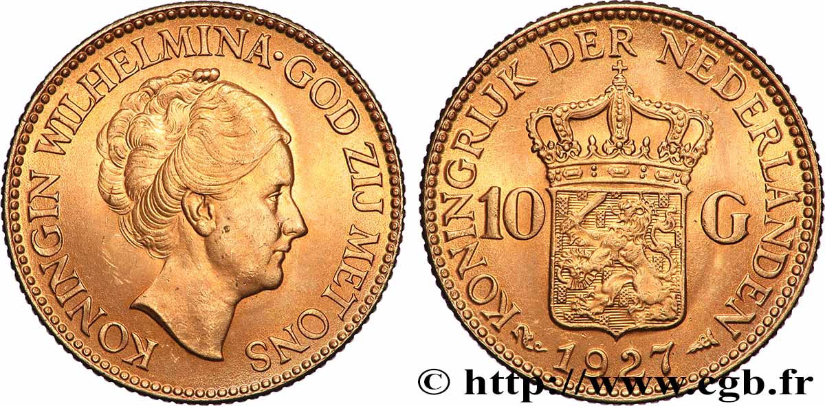 GOLD, PALLADIUM & PLATINUM INVESTMENT 10 Gulden Wilhelmina, 4e type 1927 Utrecht AU 