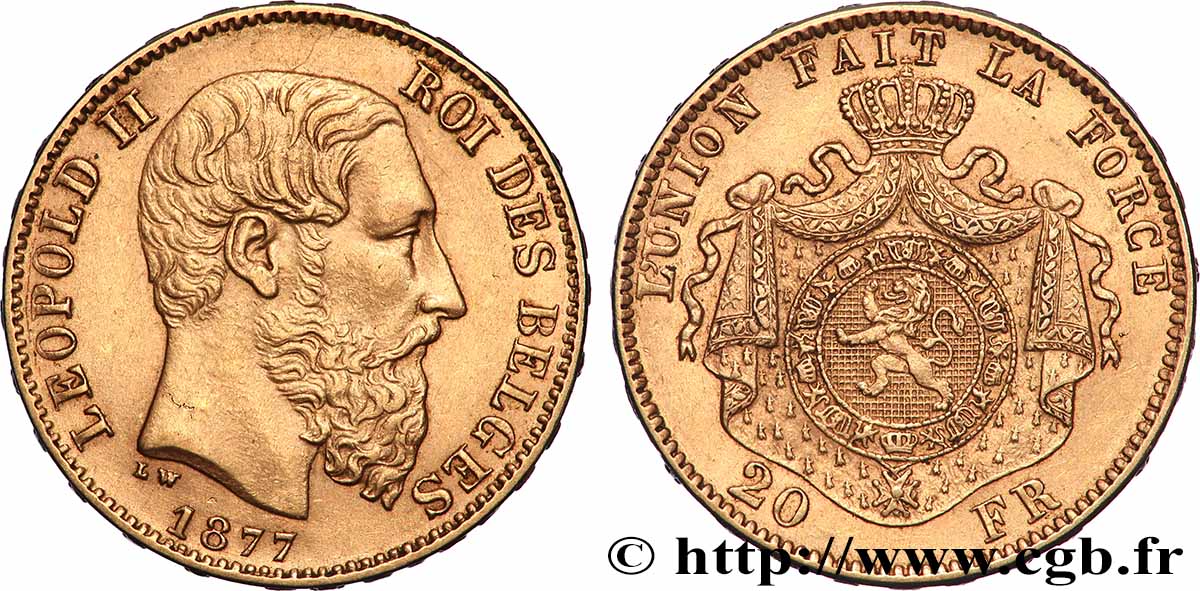 GOLD-, PALLADIUM- UND PLATIN-INVESTITIONEN 20 Francs Léopold II 1877 Bruxelles fVZ 