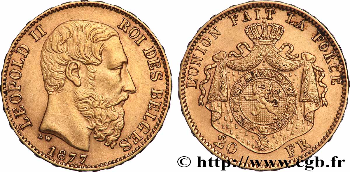 GOLD, PALLADIUM & PLATINUM INVESTMENT 20 Francs Léopold II 1877 Bruxelles AU 