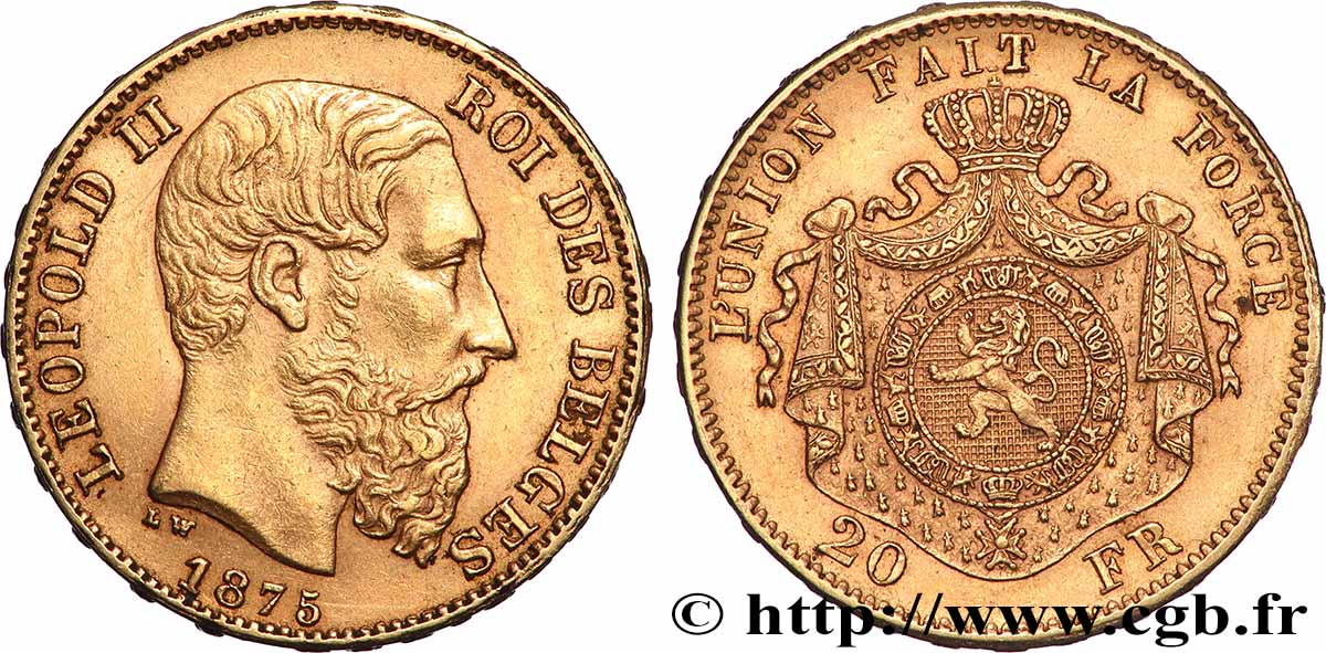 GOLD, PALLADIUM & PLATINUM INVESTMENT 20 Francs Léopold II 1875 Bruxelles AU 