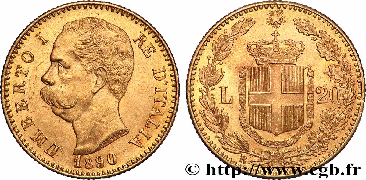 GOLD, PALLADIUM & PLATINUM INVESTMENT 20 Lire Umberto Ier 1890 Rome AU 