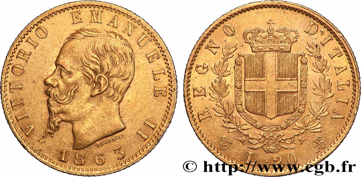 GOLD, PALLADIUM & PLATINUM INVESTMENT 20 Lire Victor Emmanuel II  1863 Turin XF 