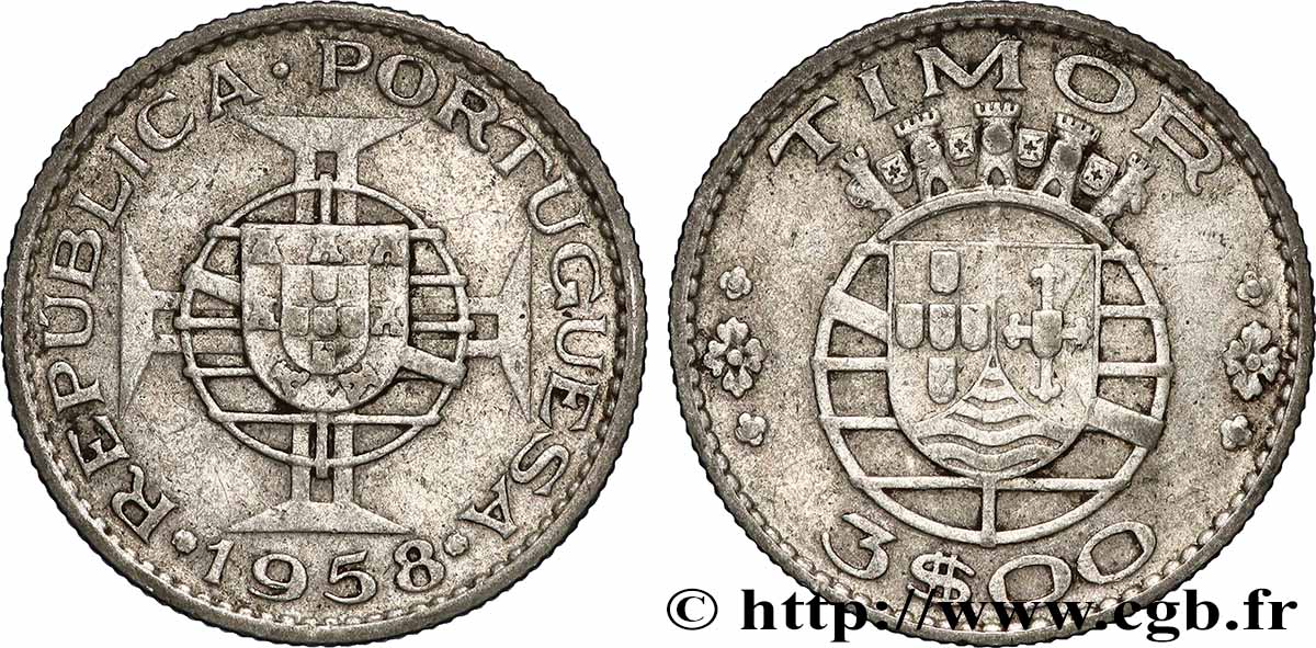 TIMOR 3 Escudos Colonie Portugaise 1958 Lisbonne TTB+ 