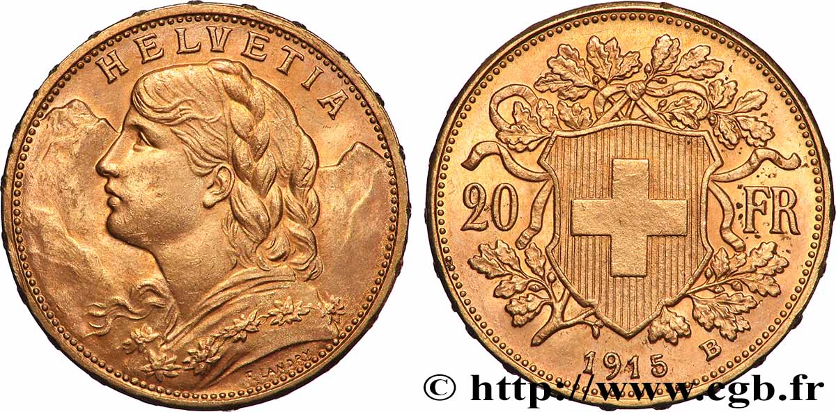 GOLD, PALLADIUM & PLATINUM INVESTMENT 20 Francs &nbsp;Vreneli&nbsp;  1915 Berne MS 