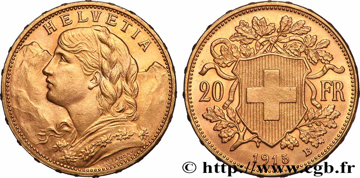 GOLD, PALLADIUM & PLATINUM INVESTMENT 20 Francs &nbsp;Vreneli&nbsp;  1915 Berne MS 