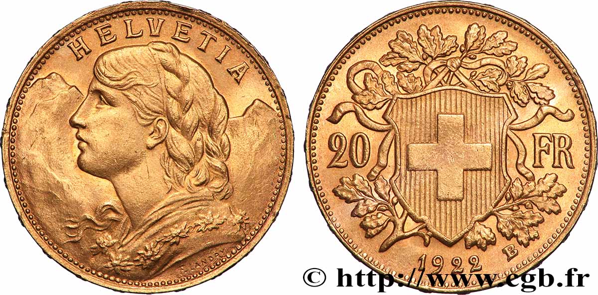GOLD, PALLADIUM & PLATINUM INVESTMENT 20 Francs &nbsp;Vreneli&nbsp;  1922 Berne AU 