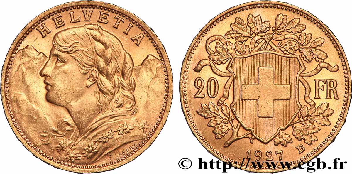 GOLD, PALLADIUM & PLATINUM INVESTMENT 20 Francs or &nbsp;Vreneli&nbsp; 1927 Berne MS 
