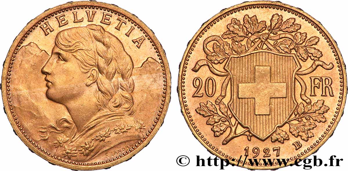 GOLD, PALLADIUM & PLATINUM INVESTMENT 20 Francs or &nbsp;Vreneli&nbsp; 1927 Berne MS 
