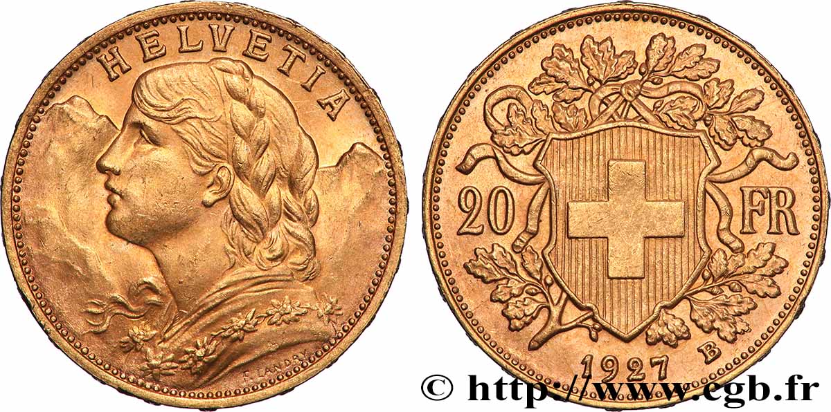 GOLD, PALLADIUM & PLATINUM INVESTMENT 20 Francs or &nbsp;Vreneli&nbsp; 1927 Berne MS 