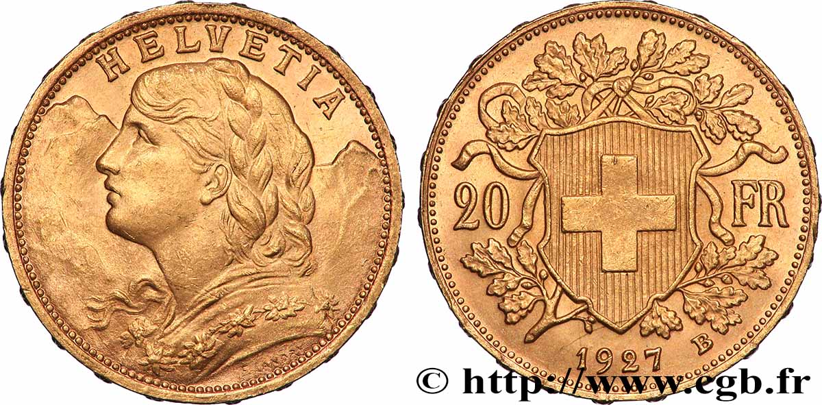 GOLD, PALLADIUM & PLATINUM INVESTMENT 20 Francs or &nbsp;Vreneli&nbsp; 1927 Berne MS 