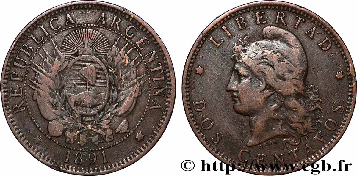 ARGENTINE 2 Centavos 1891  TB+ 