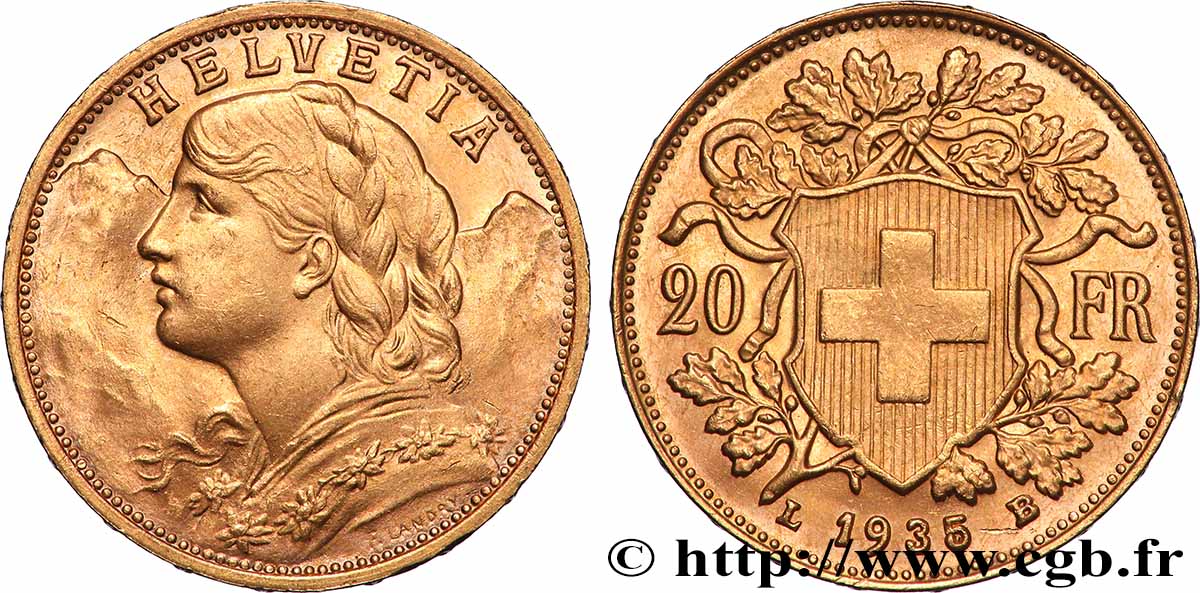 GOLD, PALLADIUM & PLATINUM INVESTMENT 20 Francs &nbsp;Vreneli&nbsp; 1935 Berne AU 