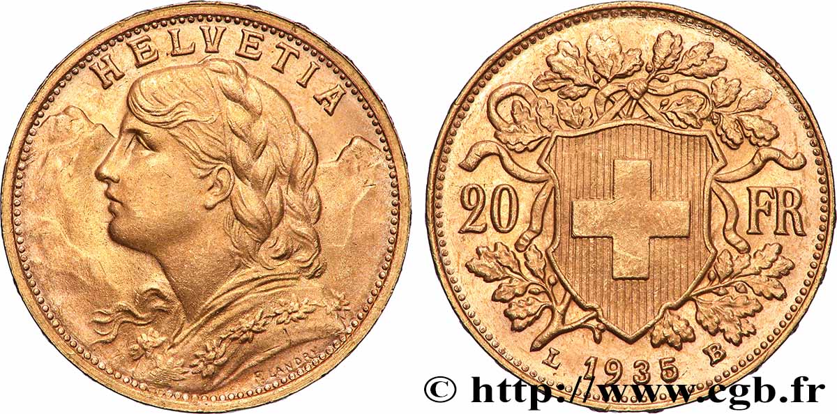 GOLD-, PALLADIUM- UND PLATIN-INVESTITIONEN 20 Francs &nbsp;Vreneli&nbsp; 1935 Berne fST 