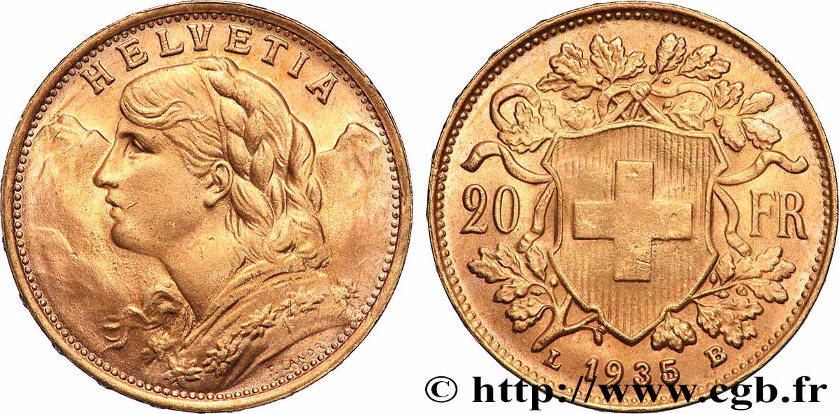 ORO, PALADIO Y PLATINO INVERSIÓN 20 Francs &nbsp;Vreneli&nbsp; 1935 Berne SC 