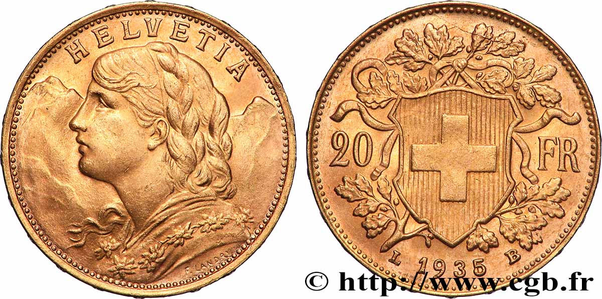 GOLD, PALLADIUM & PLATINUM INVESTMENT 20 Francs &nbsp;Vreneli&nbsp; 1935 Berne MS 