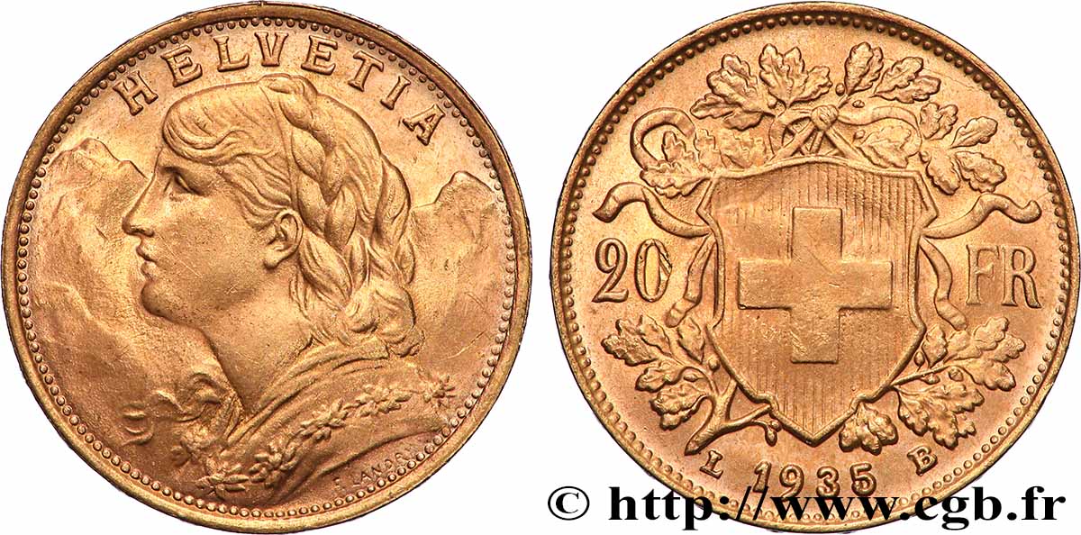 GOLD, PALLADIUM & PLATINUM INVESTMENT 20 Francs &nbsp;Vreneli&nbsp; 1935 Berne AU 