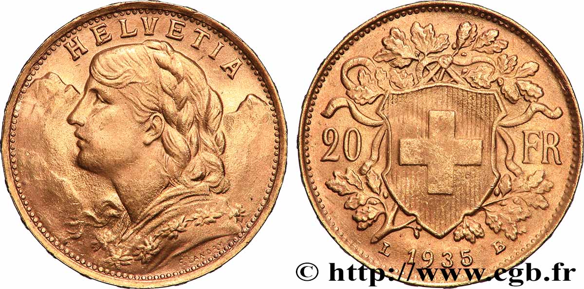 GOLD, PALLADIUM & PLATINUM INVESTMENT 20 Francs &nbsp;Vreneli&nbsp; 1935 Berne AU 