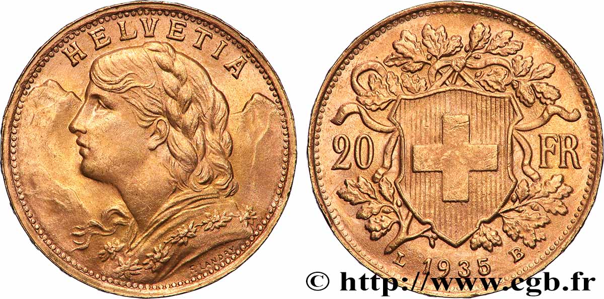 GOLD, PALLADIUM & PLATINUM INVESTMENT 20 Francs &nbsp;Vreneli&nbsp; 1935 Berne MS 