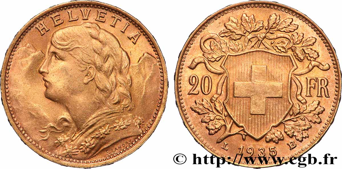 GOLD-, PALLADIUM- UND PLATIN-INVESTITIONEN 20 Francs &nbsp;Vreneli&nbsp; 1935 Berne VZ 