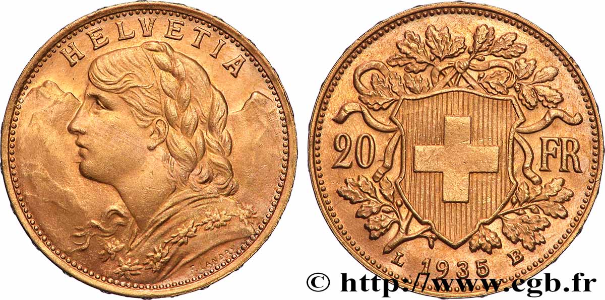 GOLD, PALLADIUM & PLATINUM INVESTMENT 20 Francs &nbsp;Vreneli&nbsp; 1935 Berne MS 