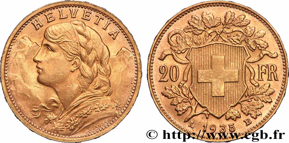 ORO, PALADIO Y PLATINO INVERSIÓN 20 Francs &nbsp;Vreneli&nbsp; 1935 Berne SC 