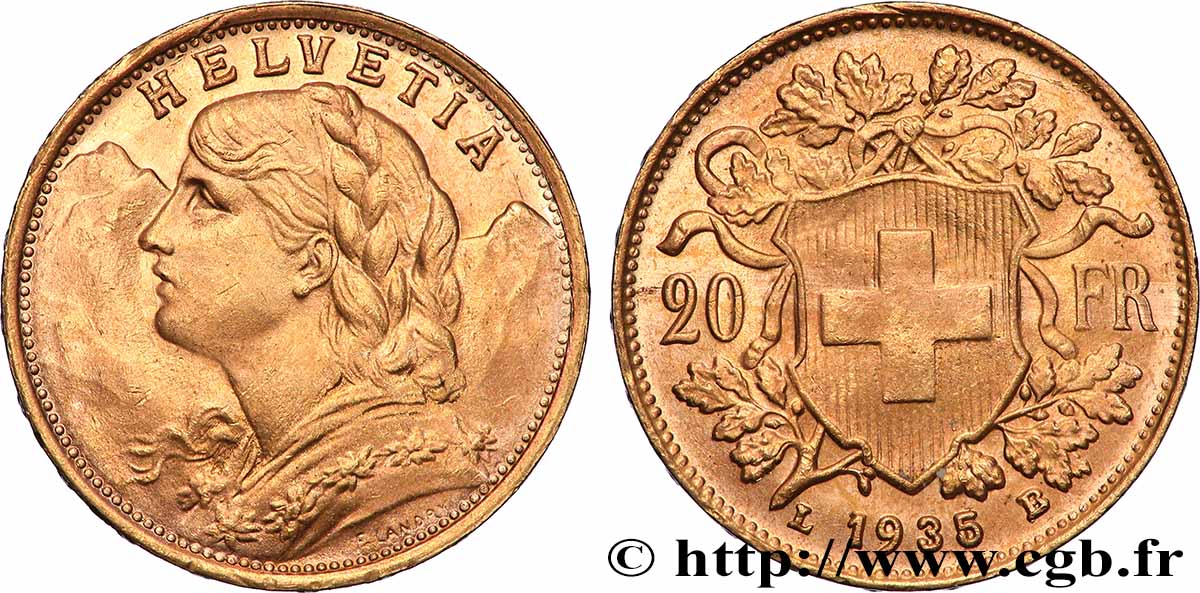 GOLD-, PALLADIUM- UND PLATIN-INVESTITIONEN 20 Francs &nbsp;Vreneli&nbsp; 1935 Berne VZ 