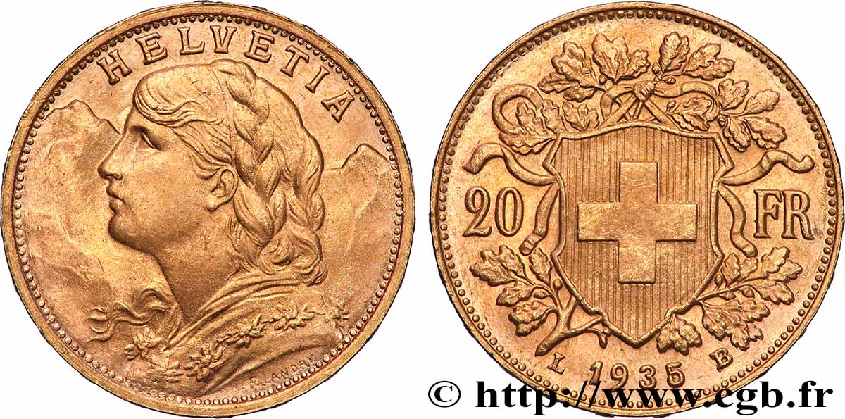 ORO, PALADIO Y PLATINO INVERSIÓN 20 Francs &nbsp;Vreneli&nbsp; 1935 Berne SC 