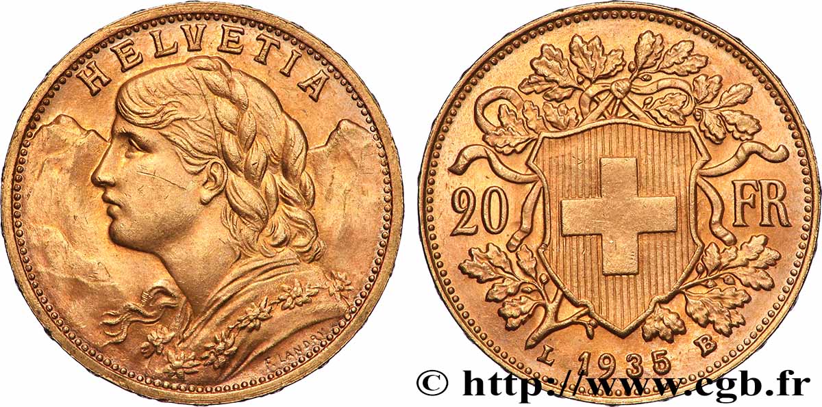 ORO, PALLADIO E PLATINO: INVESTIMENTI 20 Francs &nbsp;Vreneli&nbsp; 1935 Berne SPL 