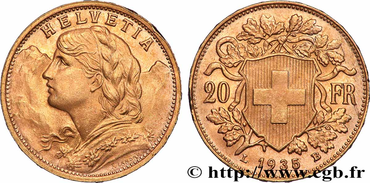 GOLD, PALLADIUM & PLATINUM INVESTMENT 20 Francs &nbsp;Vreneli&nbsp; 1935 Berne MS 