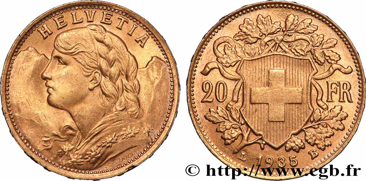 GOLD, PALLADIUM & PLATINUM INVESTMENT 20 Francs &nbsp;Vreneli&nbsp; 1935 Berne MS 
