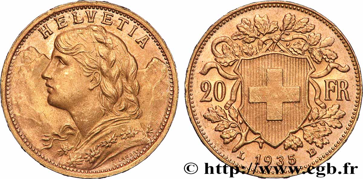 GOLD-, PALLADIUM- UND PLATIN-INVESTITIONEN 20 Francs &nbsp;Vreneli&nbsp; 1935 Berne fST 