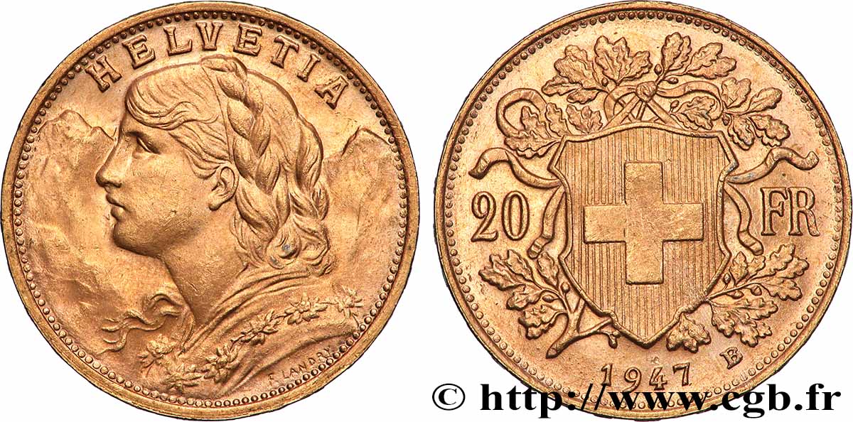 ORO, PALLADIO E PLATINO: INVESTIMENTI 20 Francs or &nbsp;Vreneli&nbsp; 1947 Berne MS 