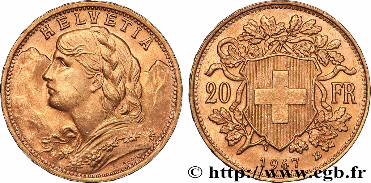 GOLD, PALLADIUM & PLATINUM INVESTMENT 20 Francs or &nbsp;Vreneli&nbsp; 1947 Berne MS 
