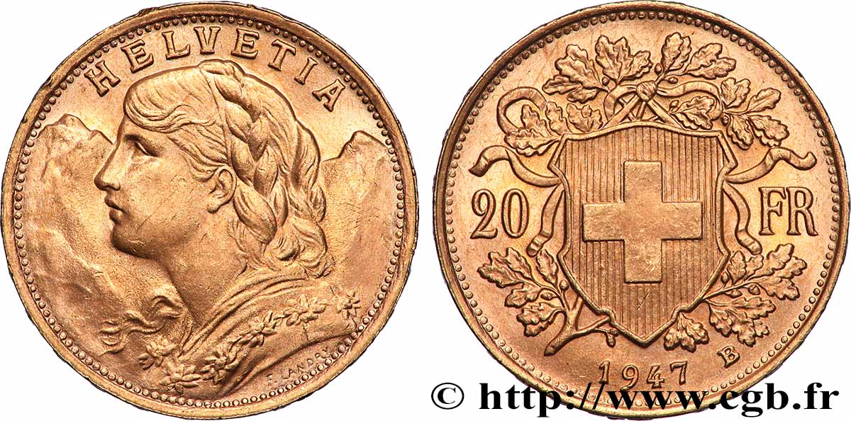 GOLD, PALLADIUM & PLATINUM INVESTMENT 20 Francs or &nbsp;Vreneli&nbsp; 1947 Berne MS 