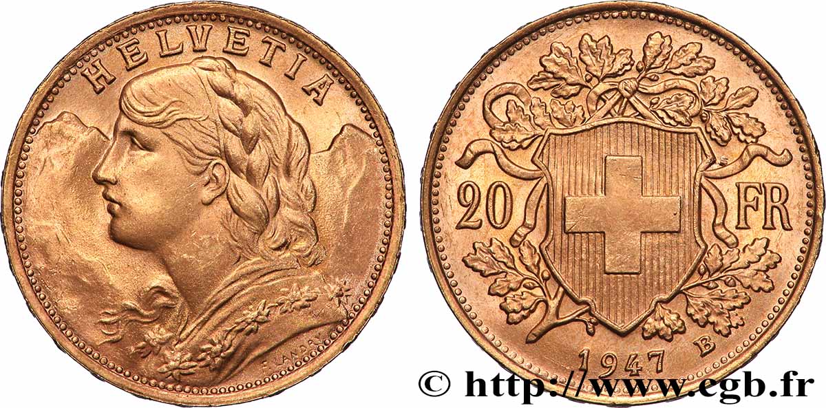 GOLD-, PALLADIUM- UND PLATIN-INVESTITIONEN 20 Francs or &nbsp;Vreneli&nbsp; 1947 Berne fST 