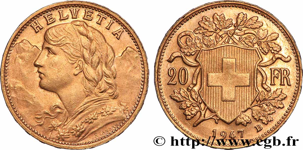 GOLD, PALLADIUM & PLATINUM INVESTMENT 20 Francs or &nbsp;Vreneli&nbsp; 1947 Berne MS 