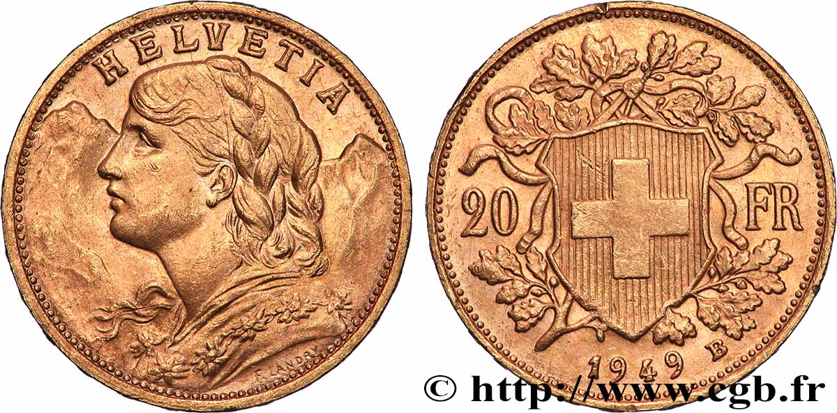 GOLD, PALLADIUM & PLATINUM INVESTMENT 20 Francs or &nbsp;Vreneli&nbsp; 1949 Berne MS 