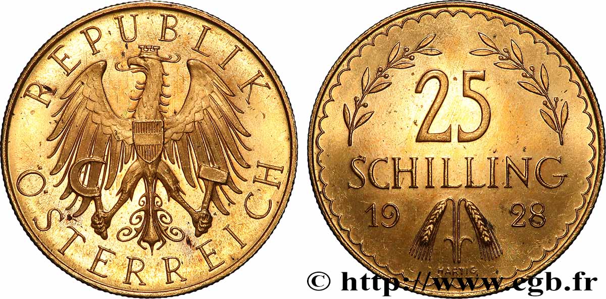 ORO, PALADIO Y PLATINO INVERSIÓN 25 Schilling aigle héraldique 1928 Vienne EBC 