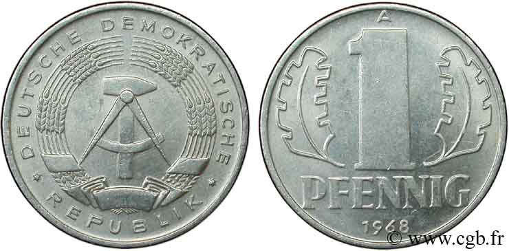 ALLEMAGNE RÉPUBLIQUE DÉMOCRATIQUE 1 Pfennig emblème de la RDA 1968 Berlin SUP 
