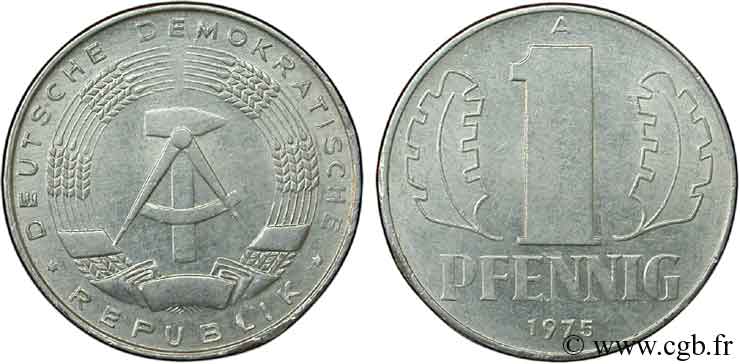 ALLEMAGNE RÉPUBLIQUE DÉMOCRATIQUE 1 Pfennig emblème de la RDA 1975 Berlin TTB+ 