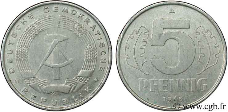 REPúBLICA DEMOCRáTICA ALEMANA 5 Pfennig emblème de la RDA 1968 Berlin MBC 